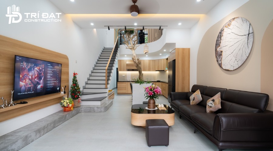 Mẫu phòng khách với giếng trời cho nhà phố