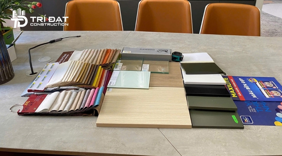 Các vật liệu công nghiệp như kính, thép không gỉ, bê tông, gỗ công nghiệp và đá tự nhiên được sử dụng phổ biến